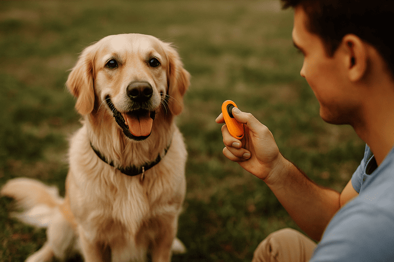 Perro entrenando con su dueño usando un clicker — adiestramiento positivo MiauWau