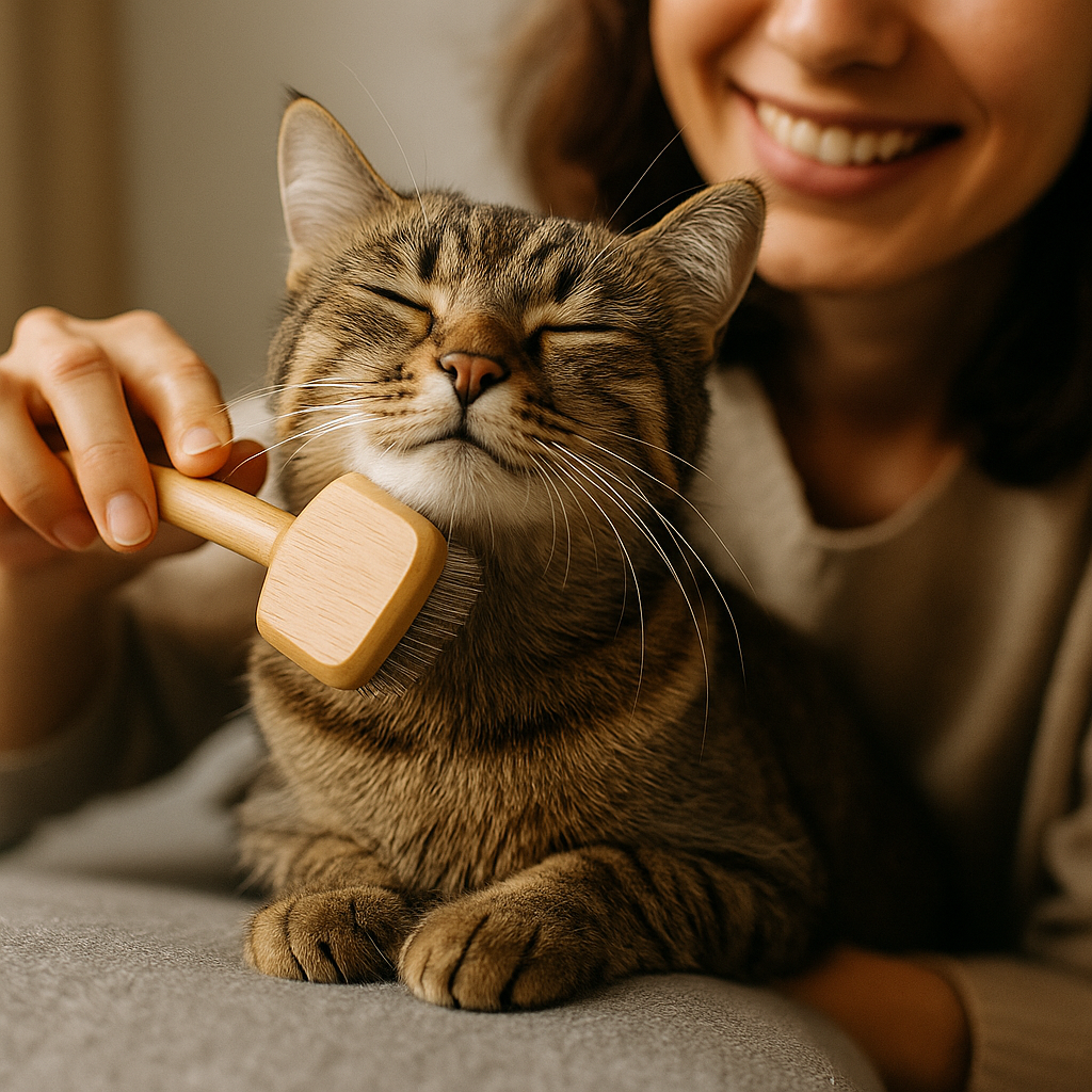 cuidados y bienestar de gatos — gato siendo cepillado con cariño por su dueño
